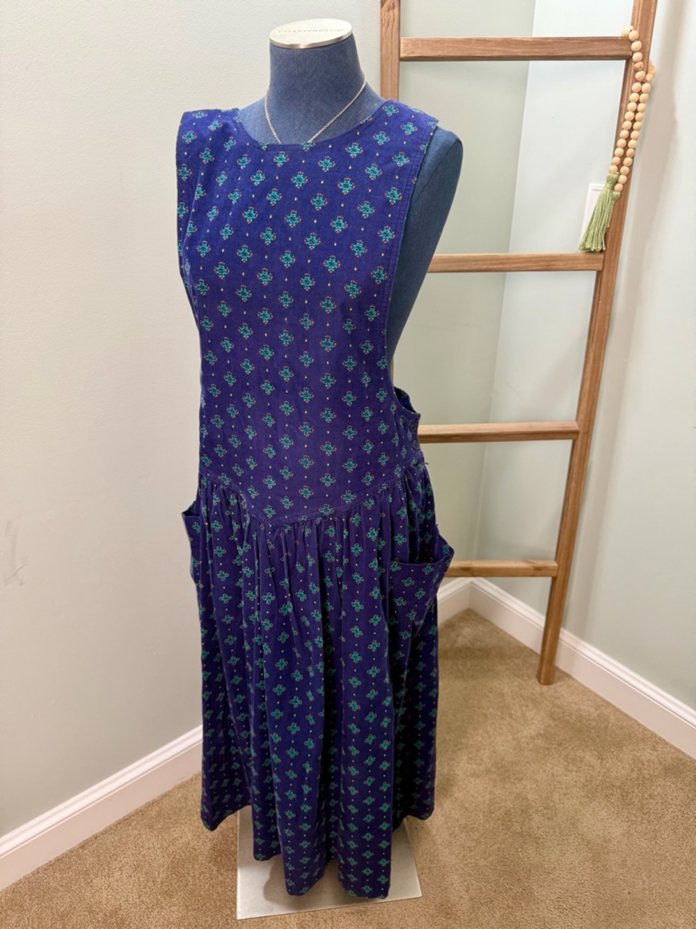 Susan Bristol Blue Green Cotton Corduroy Jumper Sleeveless Dress Women’s Size 16